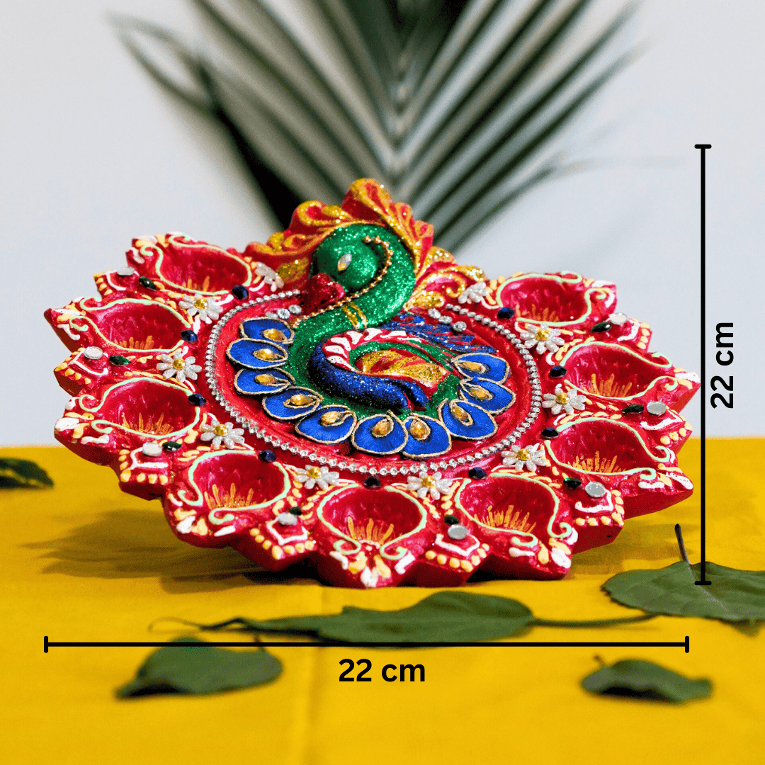 Eco-friendly Terracotta Handcrafted Lakshmi-Ganesh Idol | 9 Diya Plate | Elephant Diya Combo