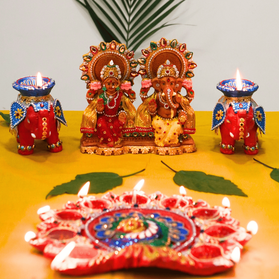 Eco-friendly Terracotta Handcrafted Lakshmi-Ganesh Idol | 9 Diya Plate | Elephant Diya Combo